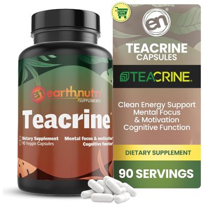 EarthNutri Theacrine Energy and Focus Supplement  Gluten and Additives Free  1 Capsule Daily  Vegetable Capsule for Enhanced Alertness and Endurance  250mg Theacrine Caps  (90 Count Unflavored)