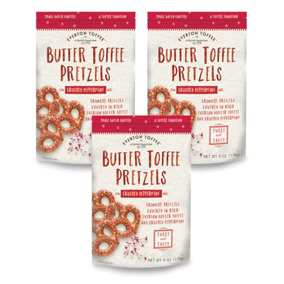 Everton Toffee Peppermint Crunch Butter Toffee Pretzels (6 oz. bag, 3-pack). Gourmet artisan toffee covered pretzels with peppermint bits, small batch crafted sweet and salty mini pretzel snacks.