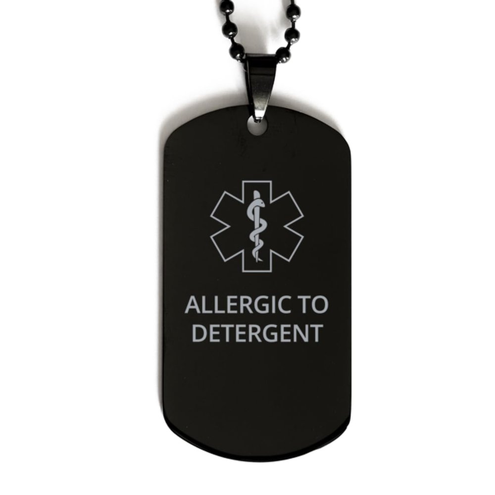 CHERLINKS Medical Alert Black Dog Tag, Allergic to Detergent Awareness, SOS Emergency Health Life Alert ID Engraved Stainless Steel Chain Necklace For Men Women Kids