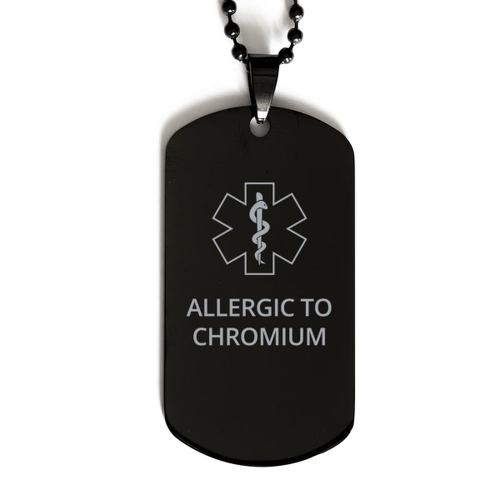 CHERLINKS Medical Alert Black Dog Tag, Allergic to Chromium Awareness, SOS Emergency Health Life Alert ID Engraved Stainless Steel Chain Necklace For Men Women Kids
