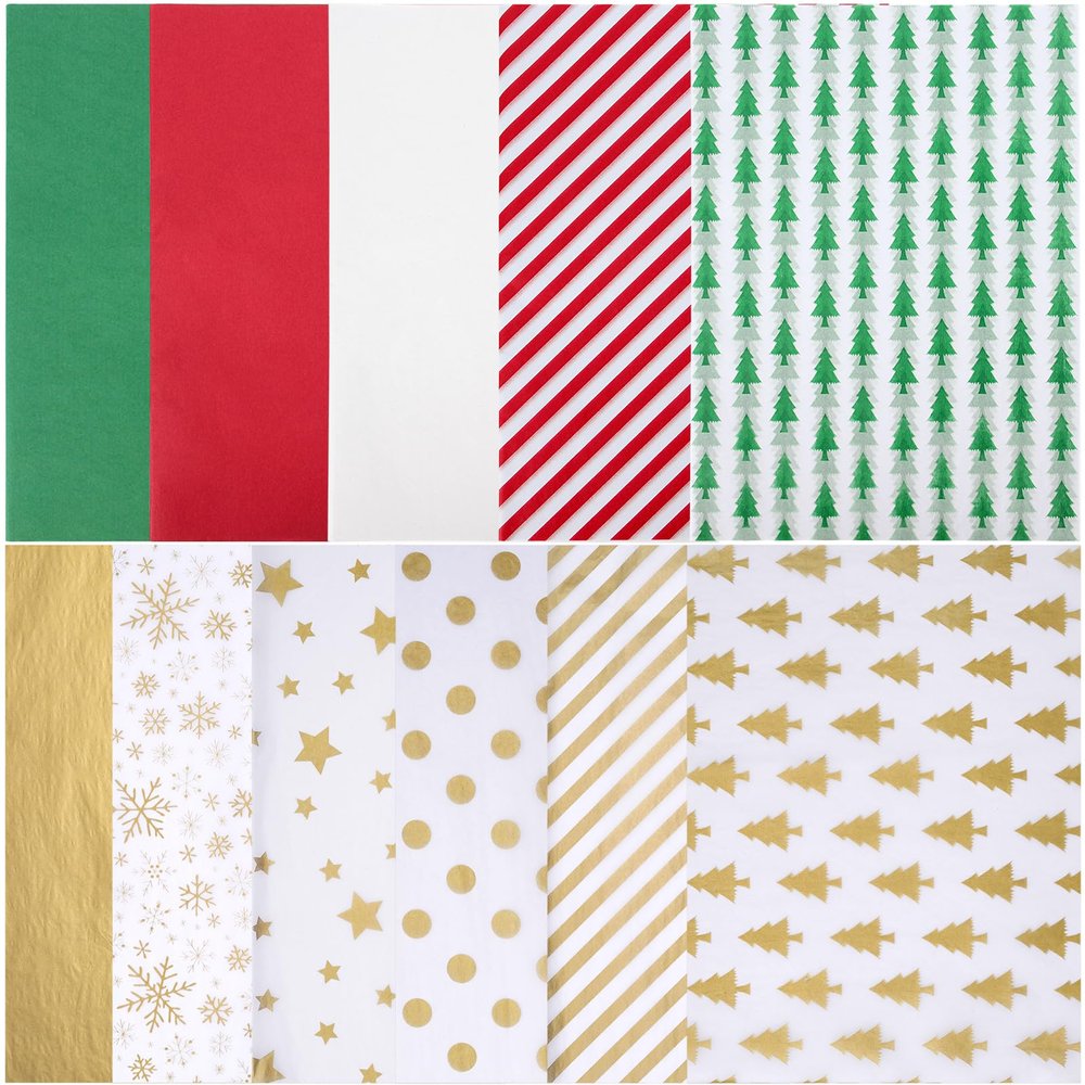 Blisstime 222 Sheets Christmas Tissue Paper Red Green Gold White 13.5" X 19.5", 11 Assorted Designs Christmas Wrapping Paper for Gift Bags