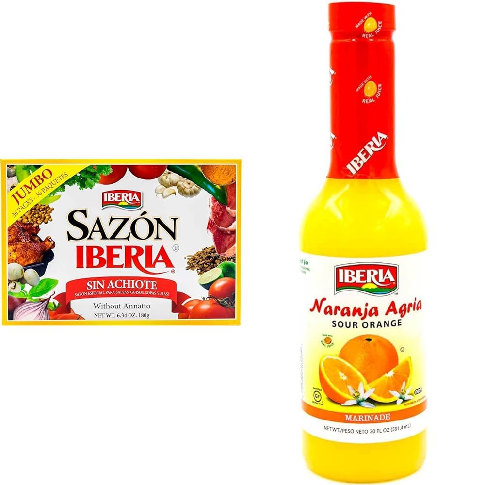 Sazon Iberia without Achiote 6.34 Oz (36 Packs) + Iberia Naranja Agria, 20 Ounce