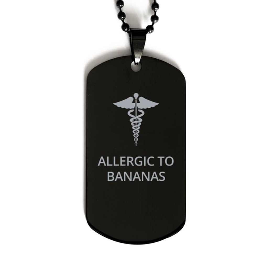 CHERLINKS Medical Black Dog Tag, Allergic to Bananas Awareness, Medical Symbol, SOS Emergency Health Life Alert ID Engraved Stainless Steel Chain Necklace For Men Women Kids