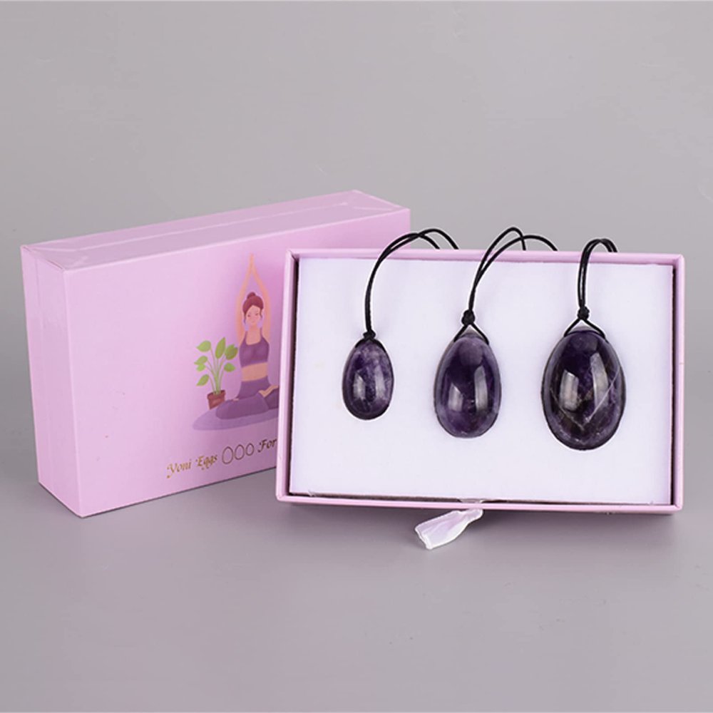Yoni Egg Set Amethyst Egg Yoni Massage Set Crystal Quartz Natural Stone Mineral Ball Kegel Exercise,3 Pcs and Box