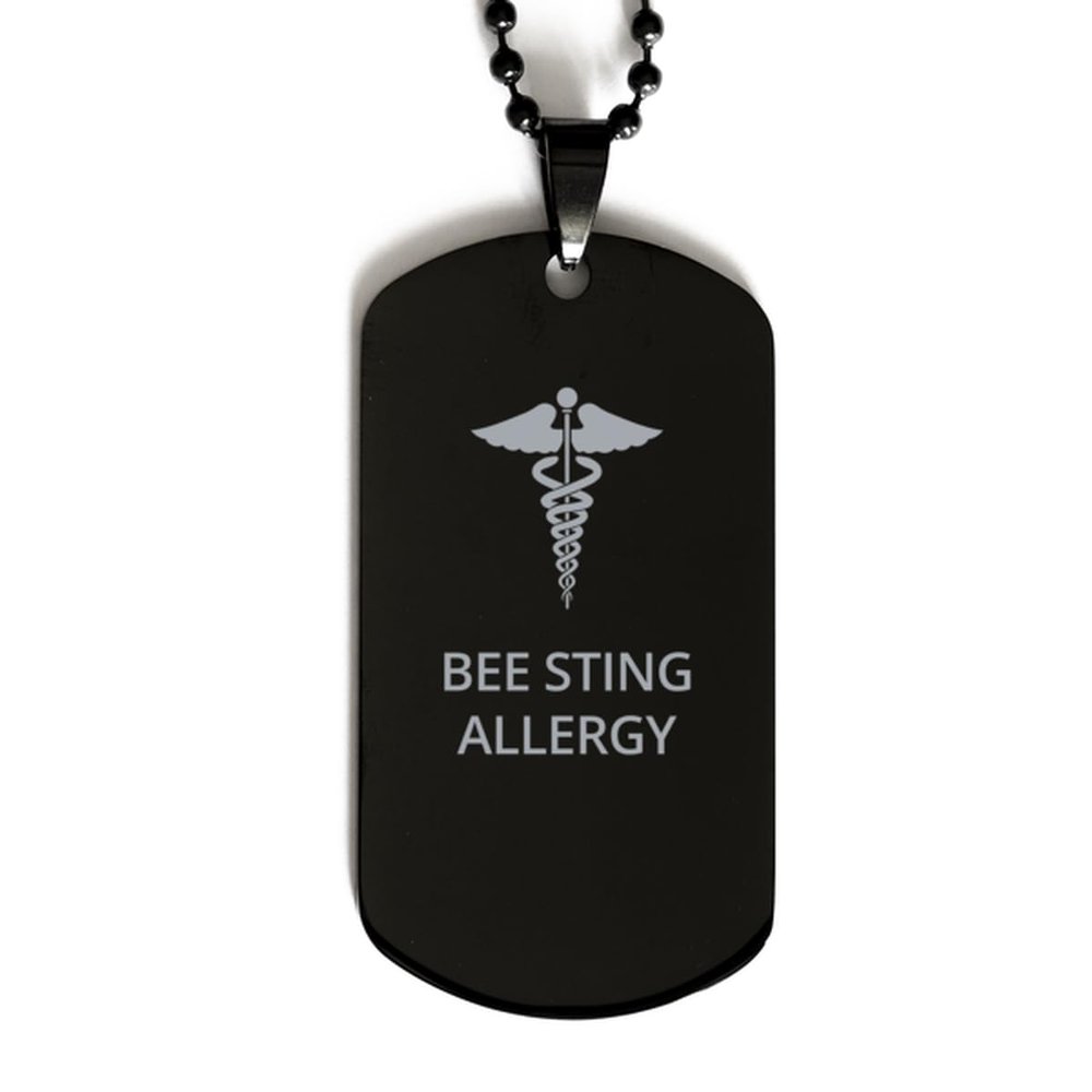 CHERLINKS Medical Black Dog Tag, Bee Sting Allergy Awareness, Medical Symbol, SOS Emergency Health Life Alert ID Engraved Stainless Steel Chain Necklace For Men Women Kids
