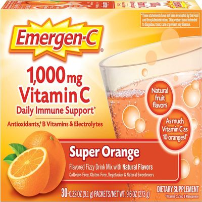 Emergen-C 1000mg Vitamin C Powder for Daily Immune Support Caffeine Free Vitamin C Supplements with Zinc and Manganese, B Vitamins and Electrolytes, Super Orange Flavor, 0.32 Ounce (Pack of 30)