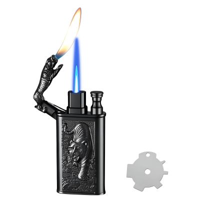 Torch Lighter, Relief Tiger Design Magic Dual Flame Lighter with Adjusting Flame Tool, Creative Windproof Lighter, Cool Jet Flame Butane Lighter, Refillable Butane Lighter for Outdoor Indoor