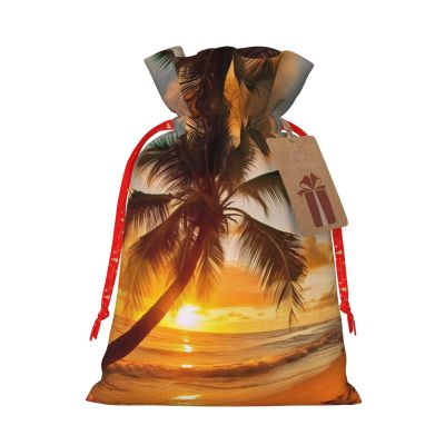 VTCTOASY Tropical Beach Palm Tree Sunset Print Christmas Gift Bags Burlap Party Favor Bags With Drawstring Small Candy Bag For Holiday Gifts