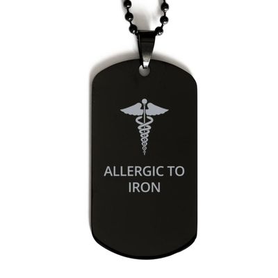 CHERLINKS Medical Black Dog Tag, Allergic to Iron Awareness, Medical Symbol, SOS Emergency Health Life Alert ID Engraved Stainless Steel Chain Necklace For Men Women Kids