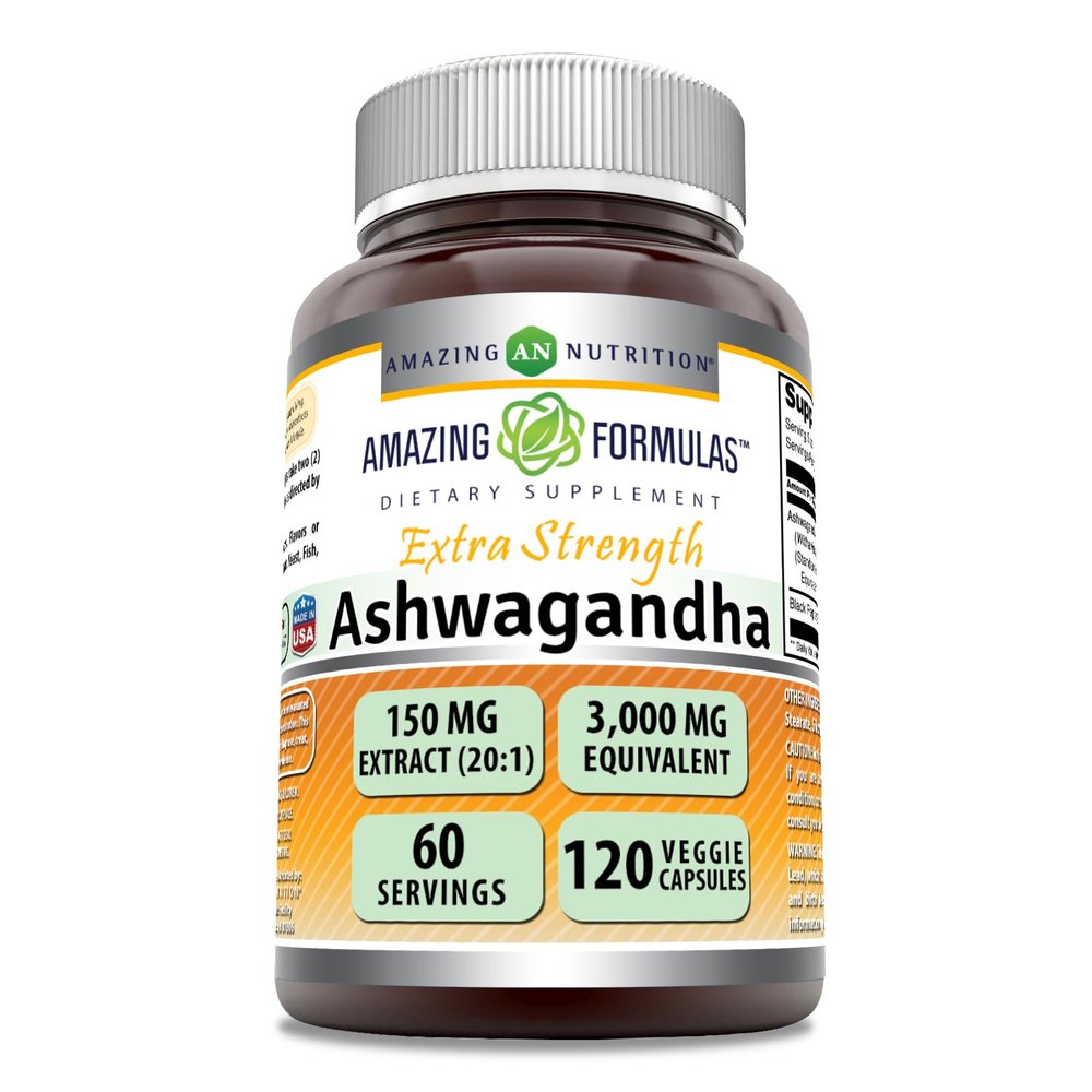 Amazing Formulas Ashwagandha Extract Supplement | 150 Mg Extract (20:1) | Equivalent to 3,000 Mg | Veggie Capsules | Non-GMO | Gluten-Free | Made in USA (1 Pack | 120 Count)