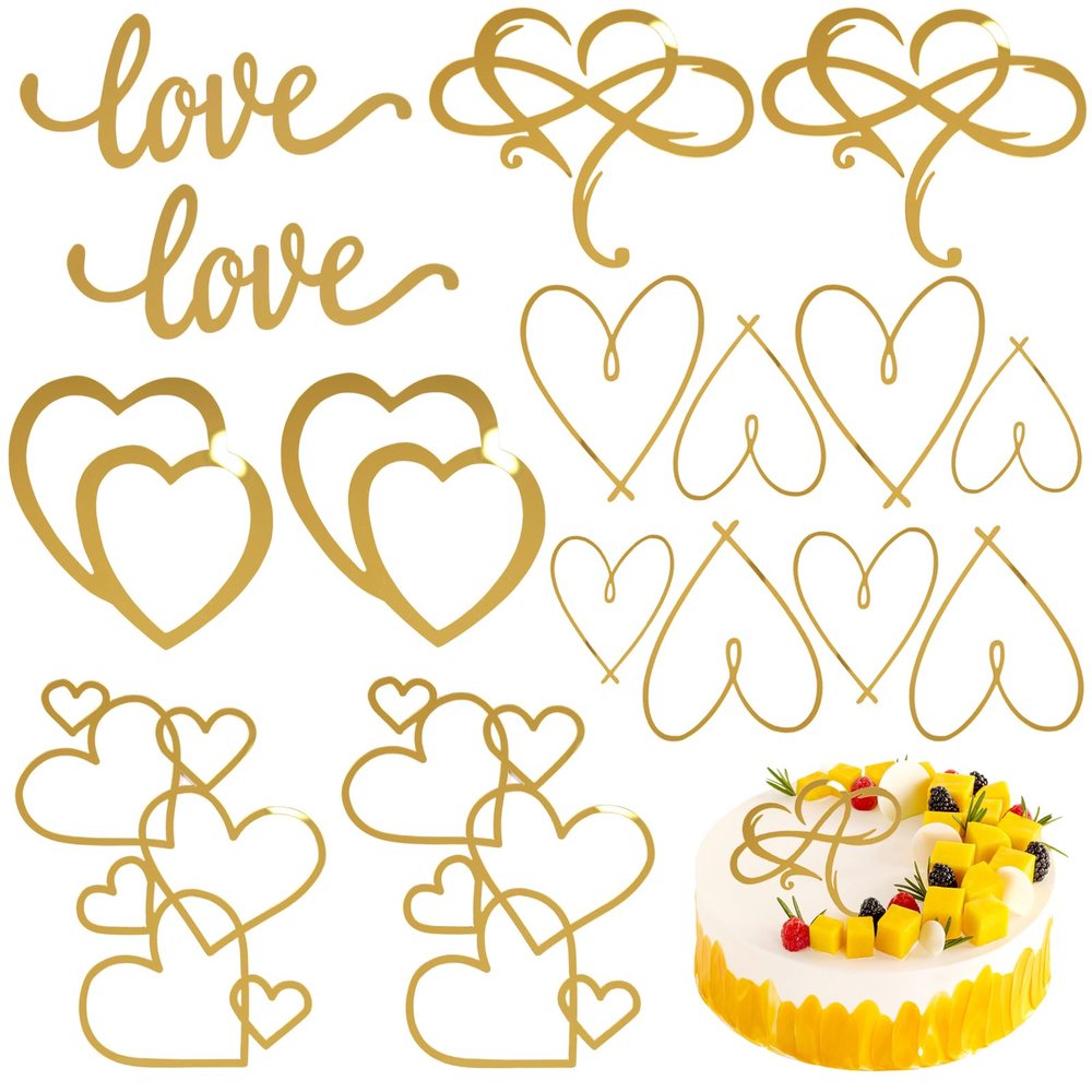10 Pcs Acrylic Cake Toppers Minimalist Art Heart Love Cake Topper Gold Cake Decoration for Valentine's Day Birthday Wedding Bridal Shower Party