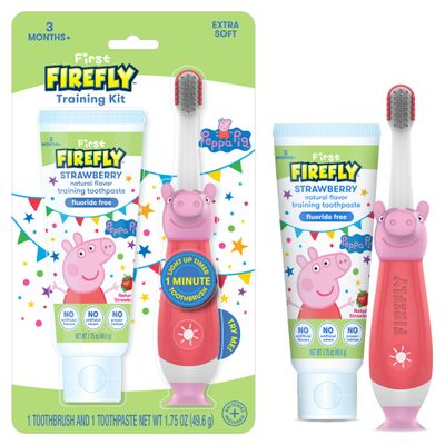 First Firefly Peppa Pig Training Kit, Light Up Toothbrush with Extra Soft Bristles and Natural Strawberry Flavor Training Toothpaste, 1.75 oz