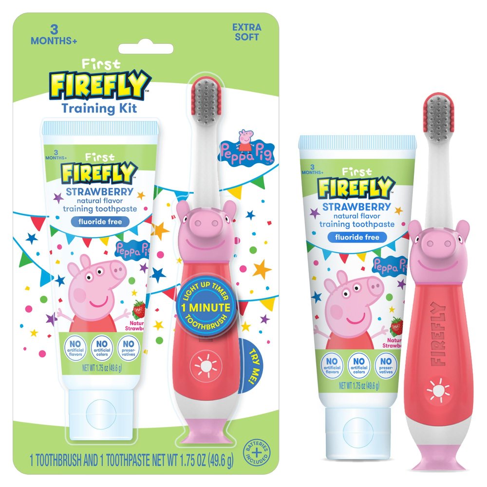 First Firefly Peppa Pig Training Kit, Light Up Toothbrush with Extra Soft Bristles and Natural Strawberry Flavor Training Toothpaste, 1.75 oz