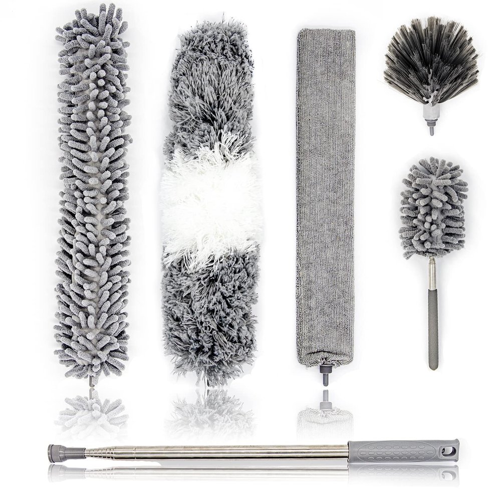 5Pcs Microfiber Feather Duster Cobweb Remover and Ceiling Fan Duster with Telescopic Pole 3-Stage Stainless Steel Handle - 100" Dust Remove Cleaning Brush Tool Set