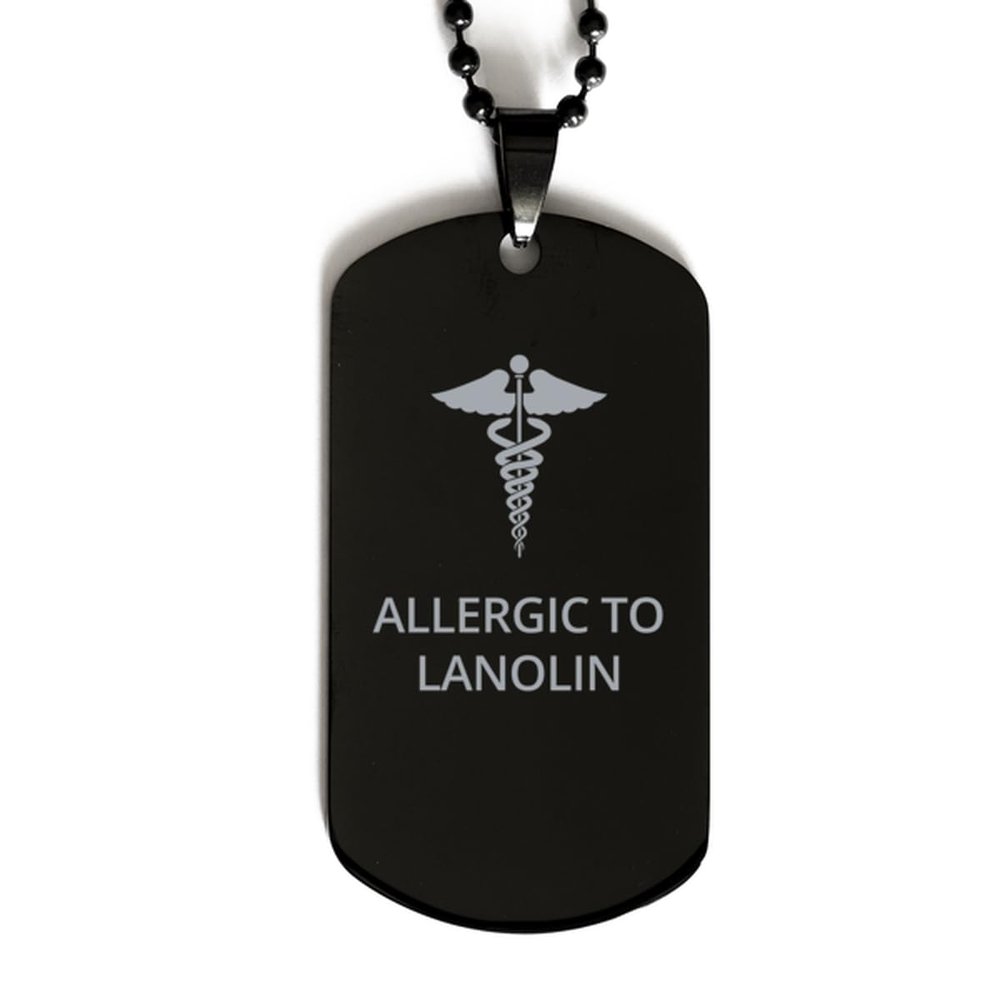 CHERLINKS Medical Black Dog Tag, Allergic to Lanolin Awareness, Medical Symbol, SOS Emergency Health Life Alert ID Engraved Stainless Steel Chain Necklace For Men Women Kids