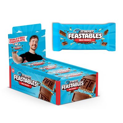 Feastables MrBeast Milk Chocolate Crunch Chocolate Bar, Full Size Bar for Adults & Kids, Candy Bars, Snacks, Gifts, & Dessert, Fairtrade Cocoa, 1.24 Oz Each, 24 Count