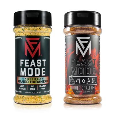 Feast Mode Flavors | Sweet Heat Pack | 2 count | 5oz seasonings | Caribbean Mango Habanero | M.O.A.B. Mother of all BBQ | meal prep seasoning, low sodium, no msg, gluten free, low calorie, no artificial fillers, healthy flavoring