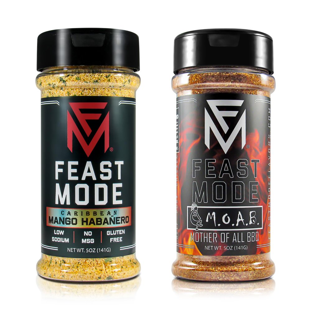 Feast Mode Flavors | Sweet Heat Pack | 2 count | 5oz seasonings | Caribbean Mango Habanero | M.O.A.B. Mother of all BBQ | meal prep seasoning, low sodium, no msg, gluten free, low calorie, no artificial fillers, healthy flavoring