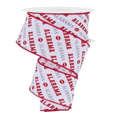 2.5" x 10yd Alabama Football Diagonal Print Pattern Wired Edge Ribbon, Crimson, White, Grey