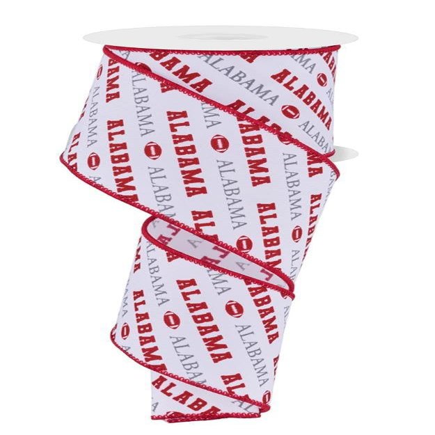 2.5" x 10yd Alabama Football Diagonal Print Pattern Wired Edge Ribbon, Crimson, White, Grey
