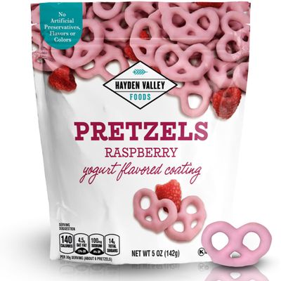 Hayden Valley Foods Raspberry Yogurt Flavored Covered Pretzels | 5 oz Resealable Bag | Gourmet Pink Valentine's Day Pretzels