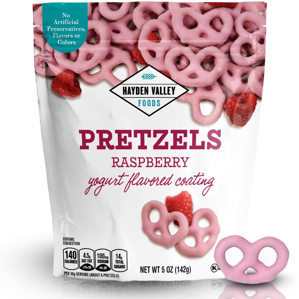 Hayden Valley Foods Raspberry Yogurt Flavored Covered Pretzels | 5 oz Resealable Bag | Gourmet Pink Valentine's Day Pretzels
