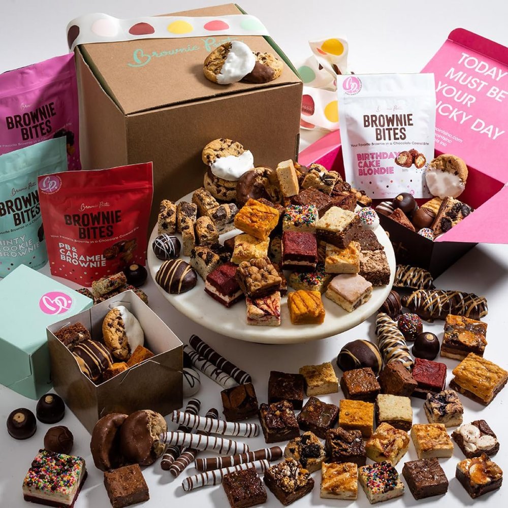Brownie Points Tremendous Tower of Treats Gift Boxes: Brownies, Bruffles, Buckeyes, Cookies, Schmurtles, Pretzels and more. Gift Box and Bow, Fudge Chocolate, Gourmet Sweet Desserts
