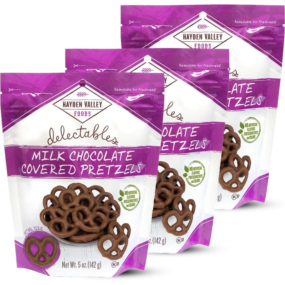 Hayden Valley Foods Milk Chocolate Covered Pretzels | 5 oz Bags (Pack of 3) | No Artificial Flavors, Preservatives or Colors | Gourmet Bulk Holiday Snacks