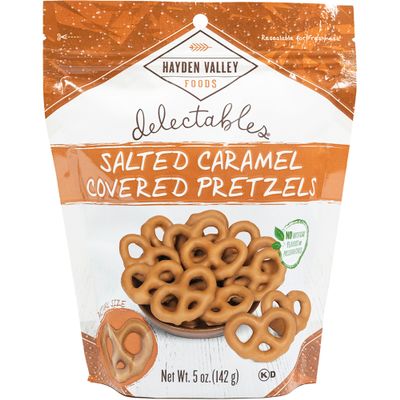 Hayden Valley Foods Salted Caramel Covered Pretzels | 5 oz Resealable Bag | Gourmet Flavored Pretzels