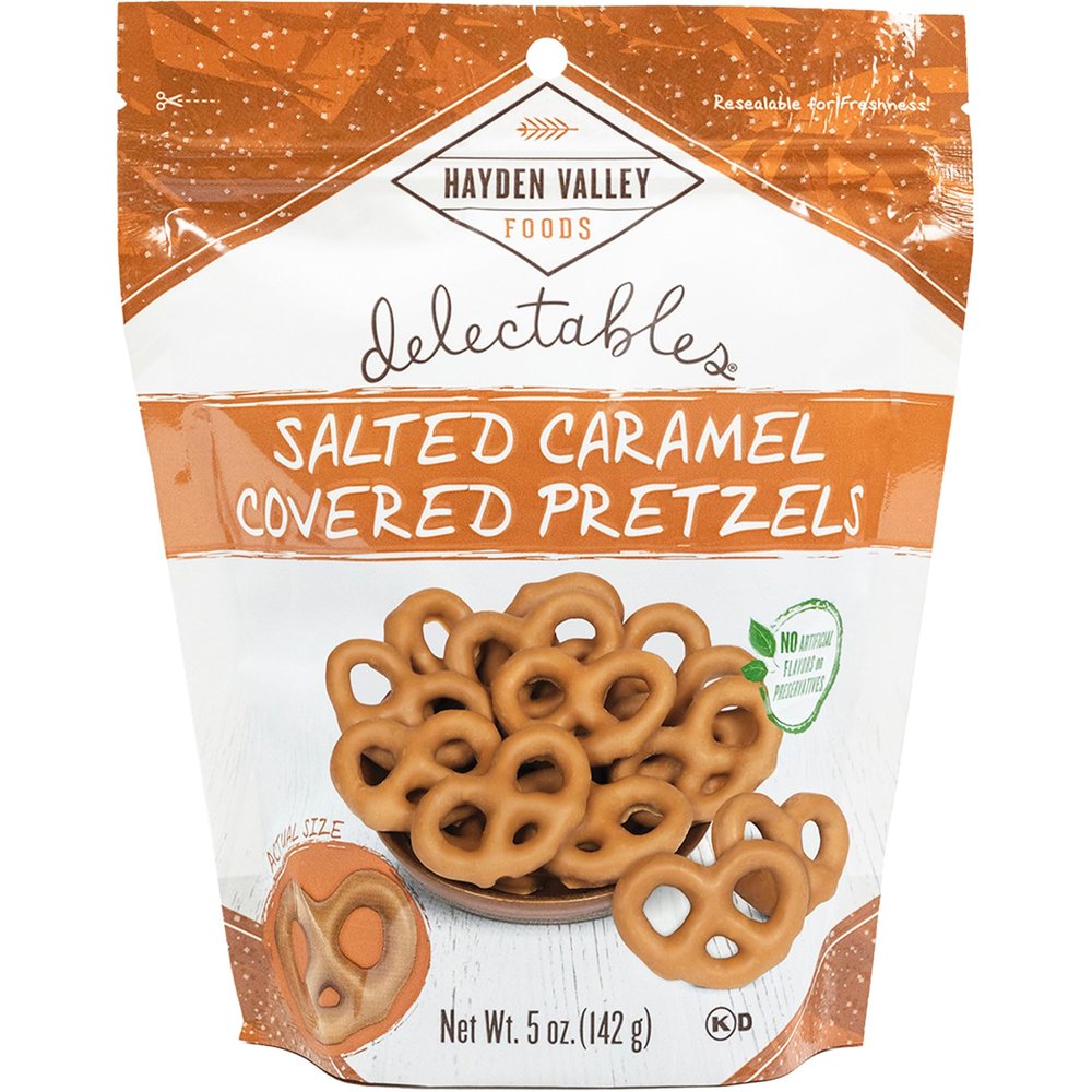 Hayden Valley Foods Salted Caramel Covered Pretzels | 5 oz Resealable Bag | Gourmet Flavored Pretzels