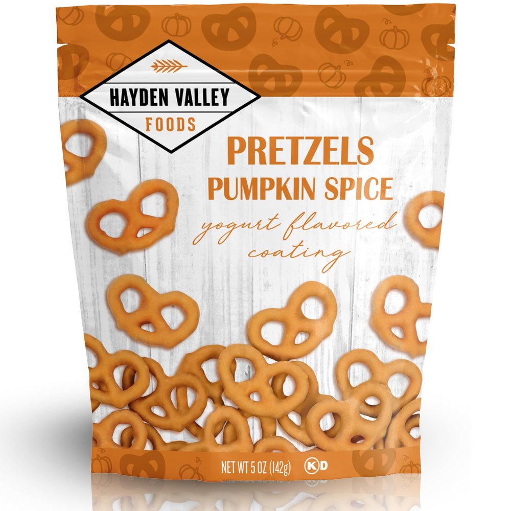 Hayden Valley Foods Pumpkin Spice Yogurt Covered Pretzels | 5 oz Resealable Bag | Gourmet Flavored Orange Pretzels