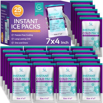 Instant Ice Packs for Injuries 25 Packs (7 x 4) | Instant Ice Cold Pack - Cold Compress Disposable Ice Pack for Pain Relief, First Aid Essential, Swelling, Toothache, Athletes & Outdoor Activities