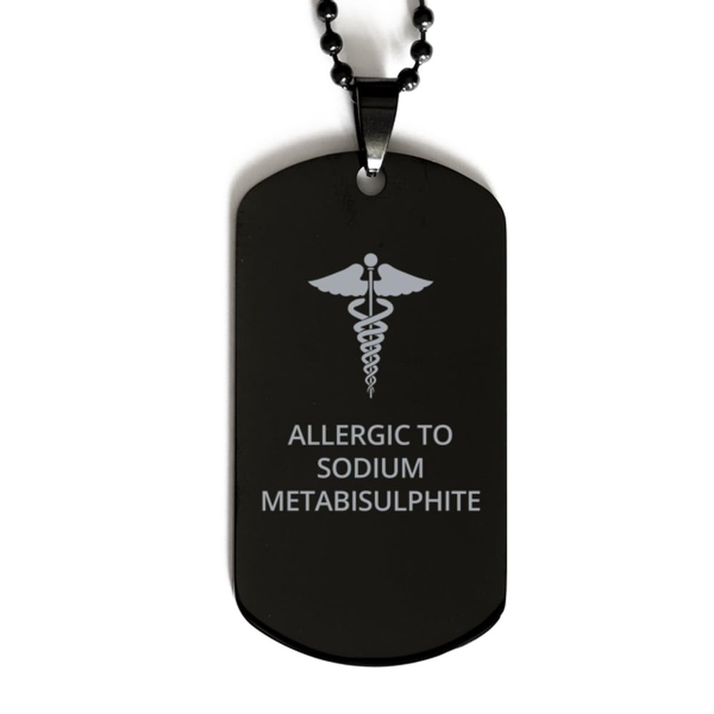 CHERLINKS Medical Black Dog Tag, Allergic to Sodium Metabisulphite Awareness, Medical Symbol, SOS Emergency Health Life Alert ID Engraved Stainless Steel Chain Necklace For Men Women Kids