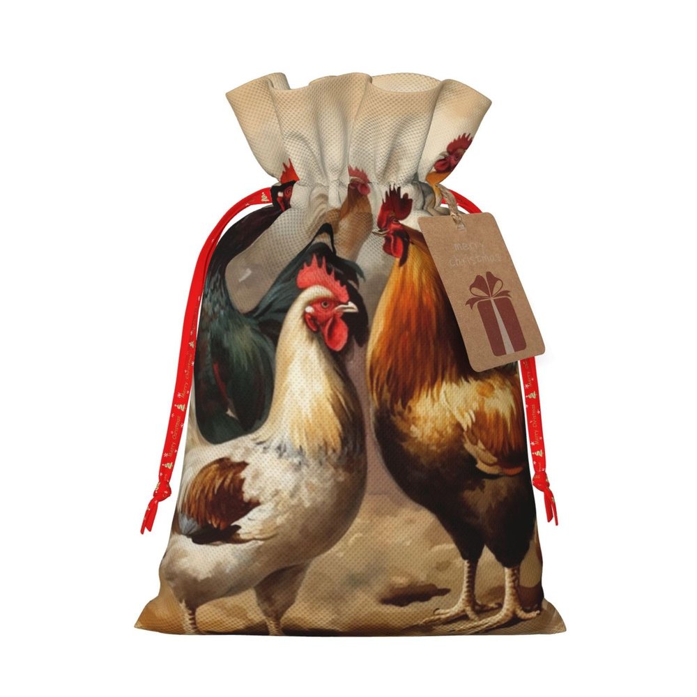WSOIHFEC Chicken And Rooster Print Christmas Gift Bags with Drawstring Burlap Christmas Treat Bags Reusable Christmas Candy Bag Gift Wrapping Bag Party Favors Bags