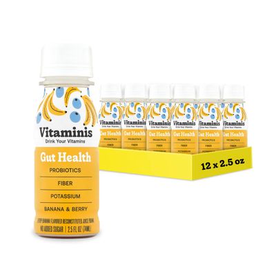 Vitaminis - Gut Health Shot - Berry Banana Juice with Probiotics and Fiber for Digestive Health. Dairy Free, No Added Sugar, Shelf Stable, & Gentle for Kids, Women, & Men (2.5 Fl. Oz, Pack of 12)