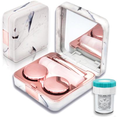 Vastsoon Contact Lens Case with Cleaner Washer, Portable Cute Eye Contacts Colored Lenses Applicator Remover Tool Kit with Mirror Solution Bottle Travel Size for Daily Outdoor (Square, Rose Gold)