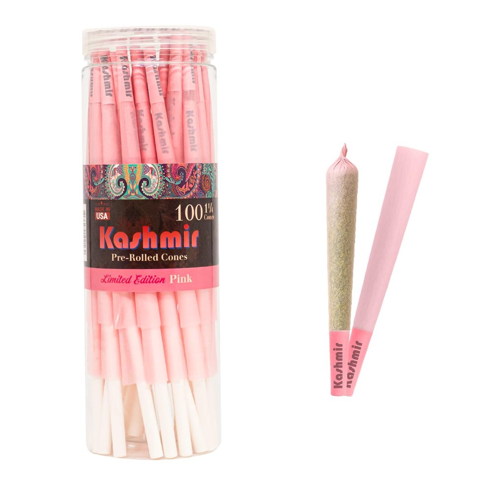 Kashmir Pink Pre Rolled Cones 1 1/4 Size  100 Count Stylish Pink Rolling Papers with Filter Tips  Vegan-Friendly, Dye-Safe, Slow Burn, 79mm Pre Rolls  Easy Fill, Bulk Pack