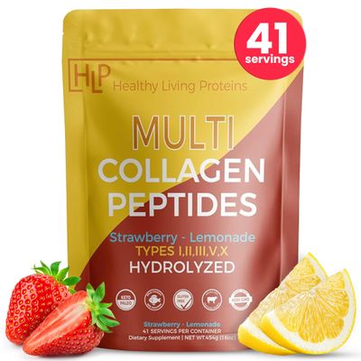 Healthy Living Proteins - Hydrolyzed Multi Collagen Peptides Powder Types I, II, III, V & X - Grass Fed Bovine, Wild Caught Marine, Free Range Chicken - Gluten Free (Strawberry-Lemonade, 16 oz)