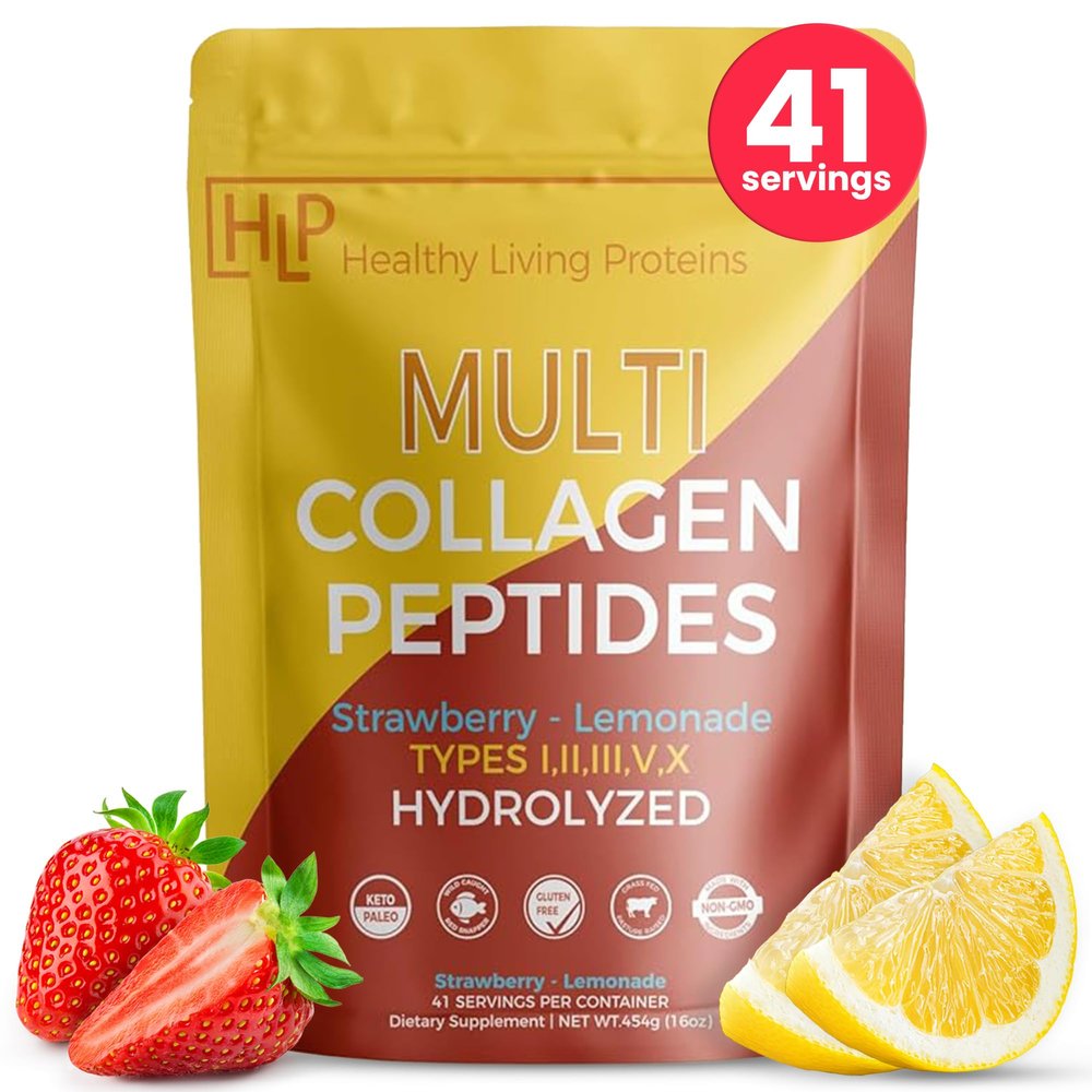 Healthy Living Proteins - Hydrolyzed Multi Collagen Peptides Powder Types I, II, III, V & X - Grass Fed Bovine, Wild Caught Marine, Free Range Chicken - Gluten Free (Strawberry-Lemonade, 16 oz)