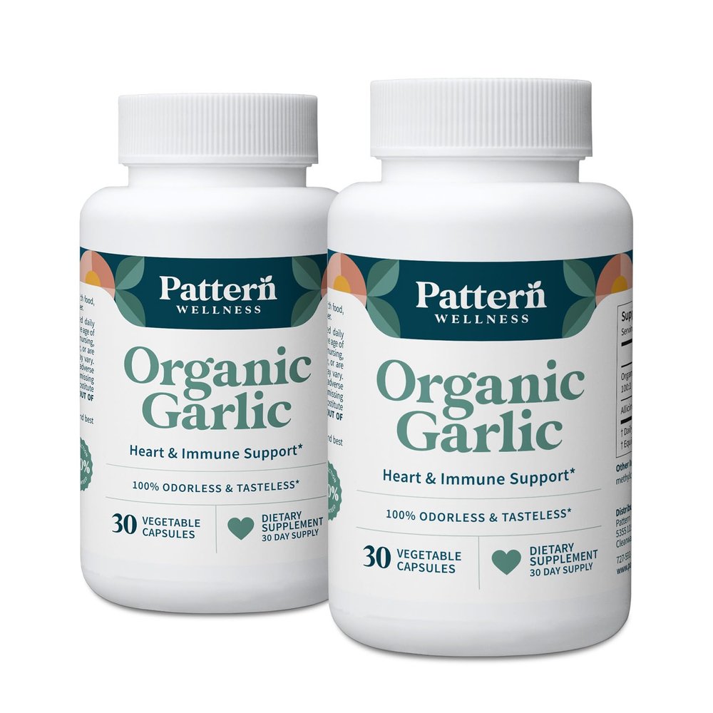 Pattern Wellness Odorless Organic Garlic - 1000mg - Supports Circulatory & Immune Health - Non-GMO, Gluten Free, Vegan - 60 Capsules