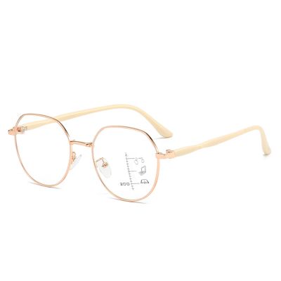 Progressive Multifocus Reading Glasses for Women Men, Fashion Large Metal Blue Light Blocking Computer Readers (Color : Gold, Size : 1.5x)