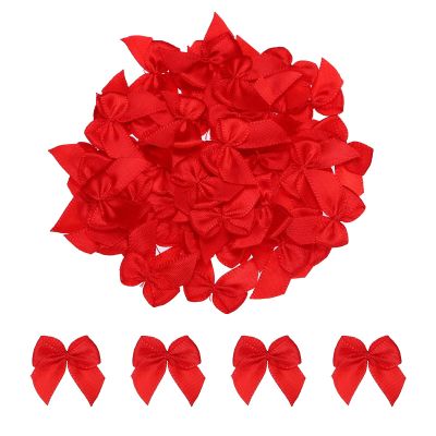 MECCANIXITY 200Pcs Mini Ribbon Bow 1" Mini Fabric Satin Ribbon Flower Bows for Craft DIY Sewing Wedding Birthday Party Red