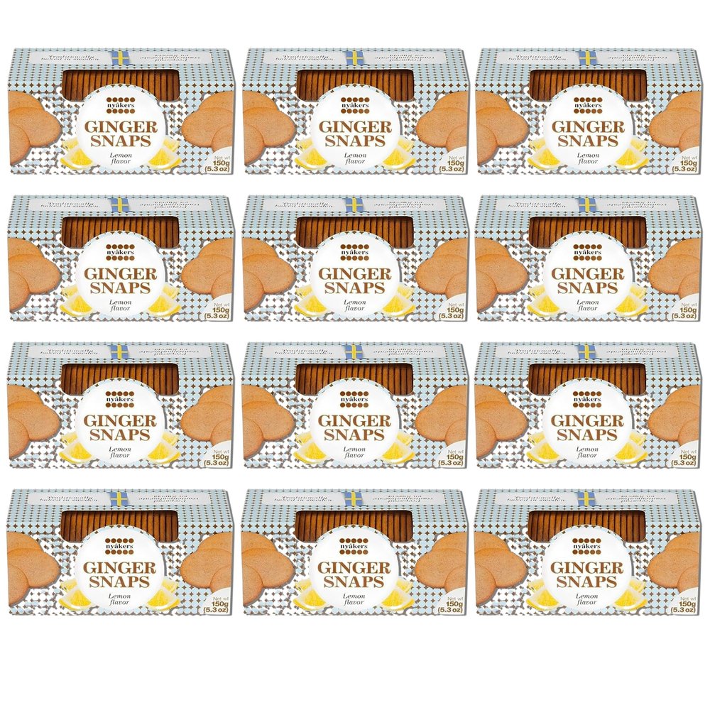 Nyakers Swedish Pepparkakor Lemon Ginger Snaps Cookies - Old Fashioned Thin Ginger Cookies Made with Real Ginger - Authentic Lemon Ginger Biscuits Palm Free - 5.3oz Vegan Cookies Box (Pack of 12)