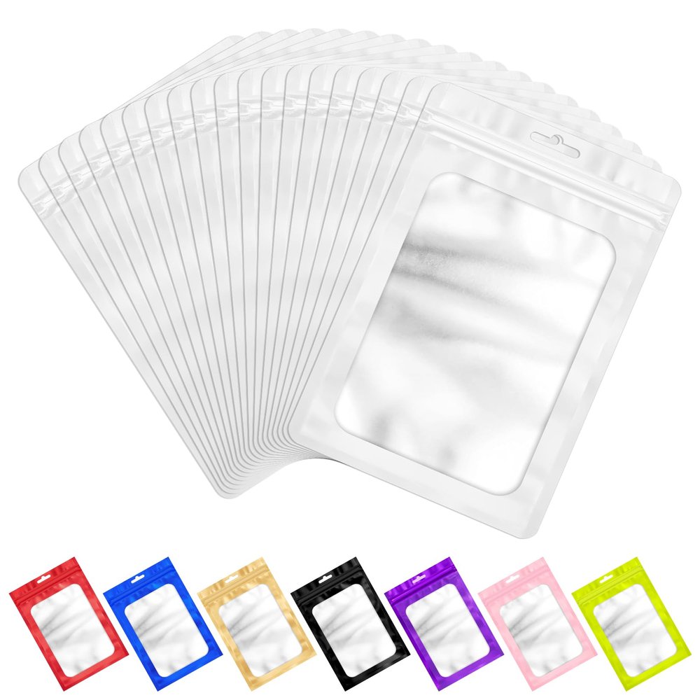 ANZNKU 100 Pcs Resealable Mylar Bags with Frosted Clear Window Packaging Bags Foil Pouch Zipper Bag for Food Self Sealing Storage Supplies (4.13x5.91 inches, White)