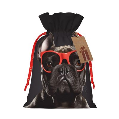 WSOIHFEC French Bulldog Christmas Gift Bags with Drawstring Burlap Christmas Treat Bags Reusable Christmas Candy Bag Gift Wrapping Bag Party Favors Bags