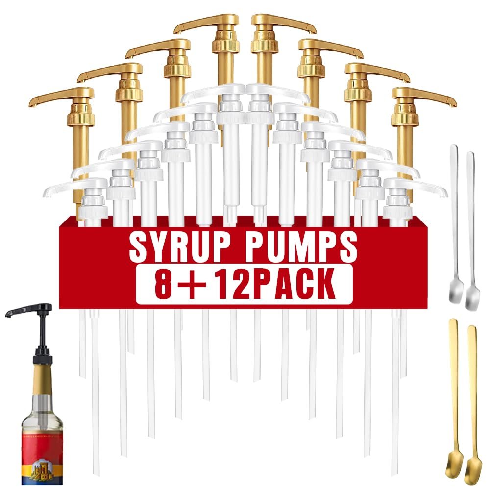 DupakSYS Premium 8 Packs Gold & 12 Packs White Coffee Syrup Pump Dispenser, Fits 25.4 Oz/750ml Coffee Flavoring Syrup Bottles