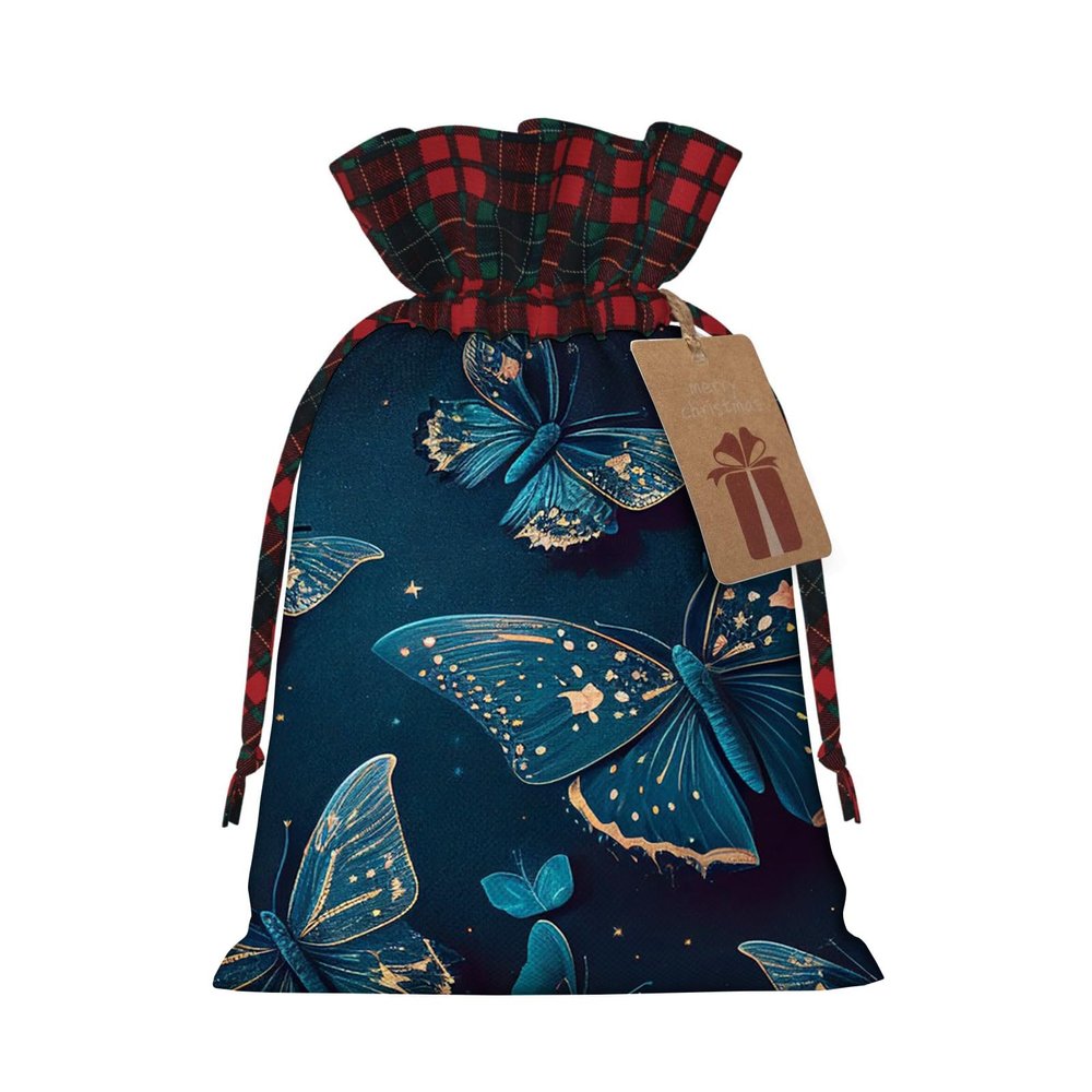 Yioniii Blue butterflies and stars on a blue nigh pattern Christmas Drawstring Gift Bags, Wrapping Bag with Ribbon for Xmas Holiday Presents Party Favor Goody BagsBlue,S
