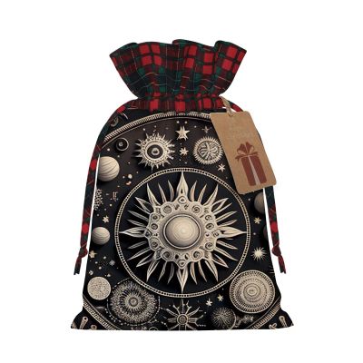 Yioniii Astronomical with Sun Stars and Planets Print pattern Drawstring Christmas Bags, 3D Xmas Gift Bags, Christmas Wrapping Bags,Party Favor Bags,Gold and Black,S