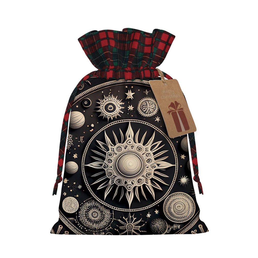 Yioniii Astronomical with Sun Stars and Planets Print pattern Drawstring Christmas Bags, 3D Xmas Gift Bags, Christmas Wrapping Bags,Party Favor Bags,Gold and Black,S