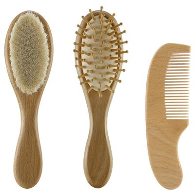 Healvian 1set Wool Hair Brush and Wooden Comb Ergonomic Scalp for Newborn Hair Care Gentle Brush for Daily Use Safe and Comfortable Supplies